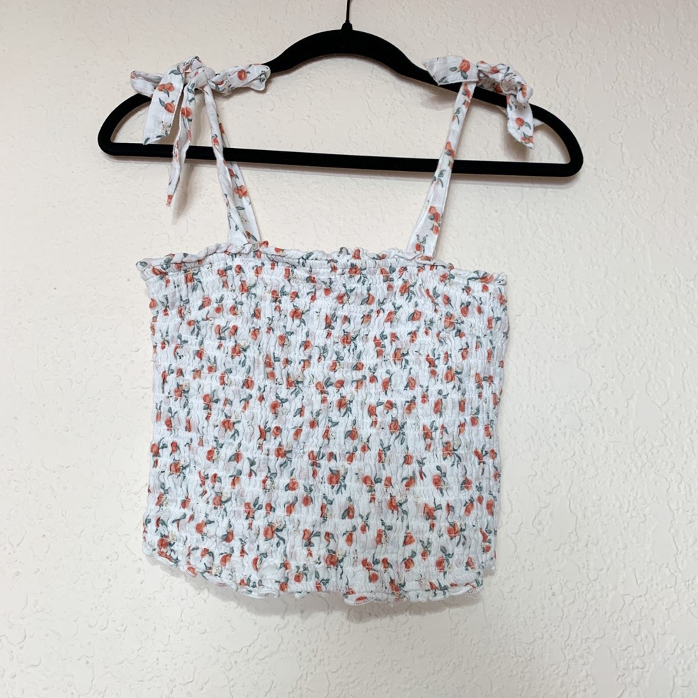 Abercrombie and Fitch Cotton White Smocked Top Peaches Design Tie Straps